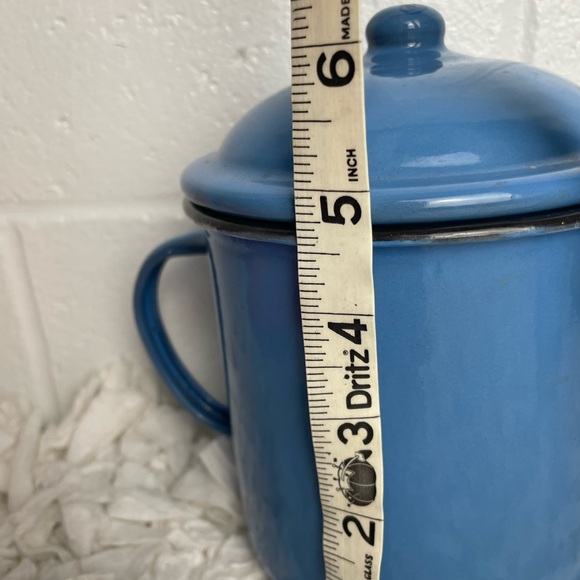 Vintage large enamelware mug with lid camping soup mug graniteware French blue - Picture 10 of 14